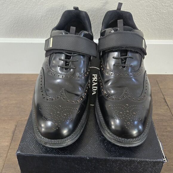 PRADA Black Leather Hook & Loop Men's Wingtin Brogues Oxfords Italy 12US - Picture 4 of 11